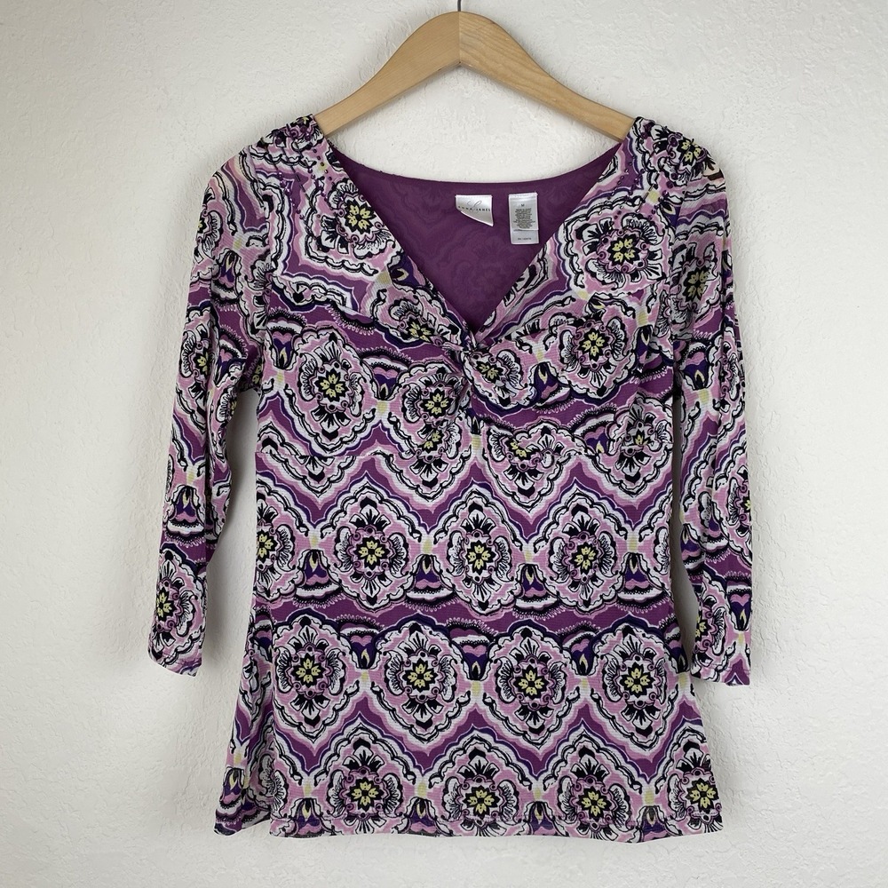 Y2k Emma James M Top Purple Floral Embellished Babydoll 3/4 Sleeve 90s Boho